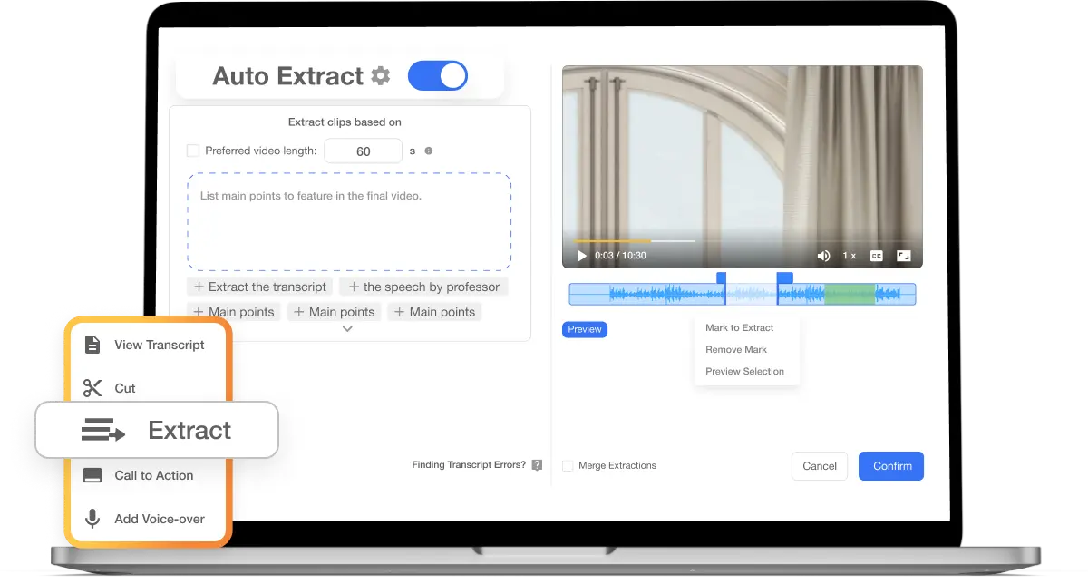 Visla's AI tool for extract clips for video editing, showing an interface to identify essential topics and keywords from video content.